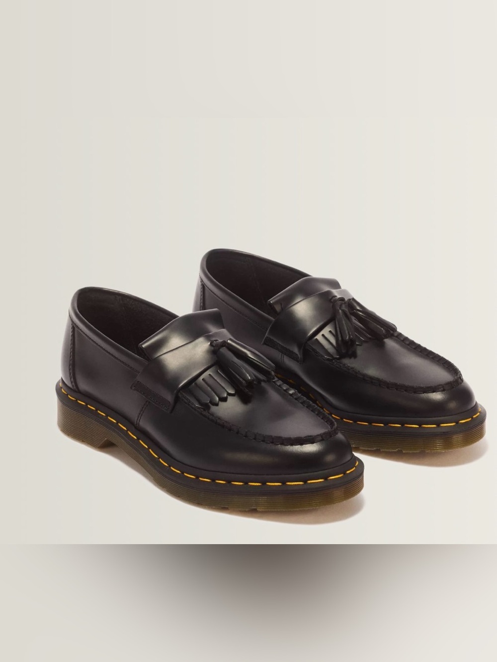 Dr. Martens Black Leather Tassel Kiltie Loafers with Yellow Stitching